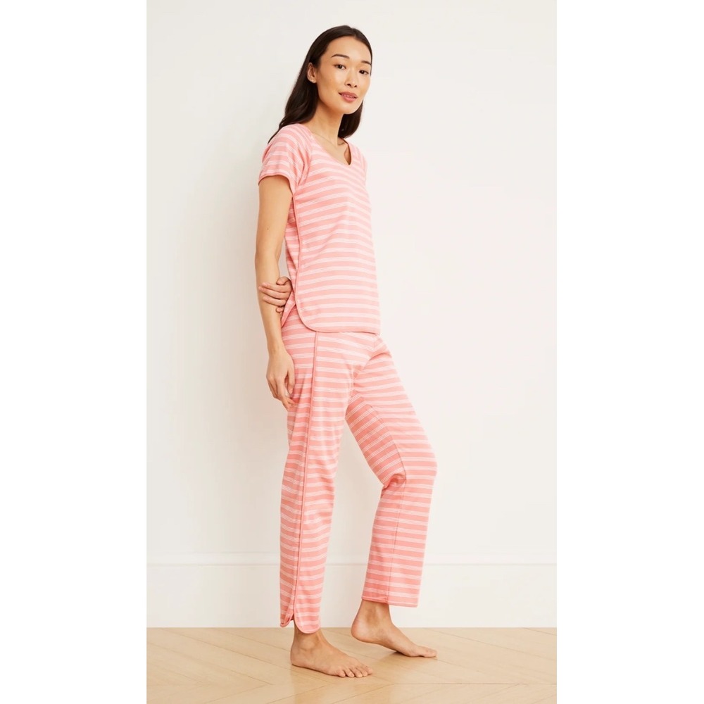 LAKE Pima Short-Long Pajama Set Coral Stripe Women Short Sleeve Top & Pants XXS